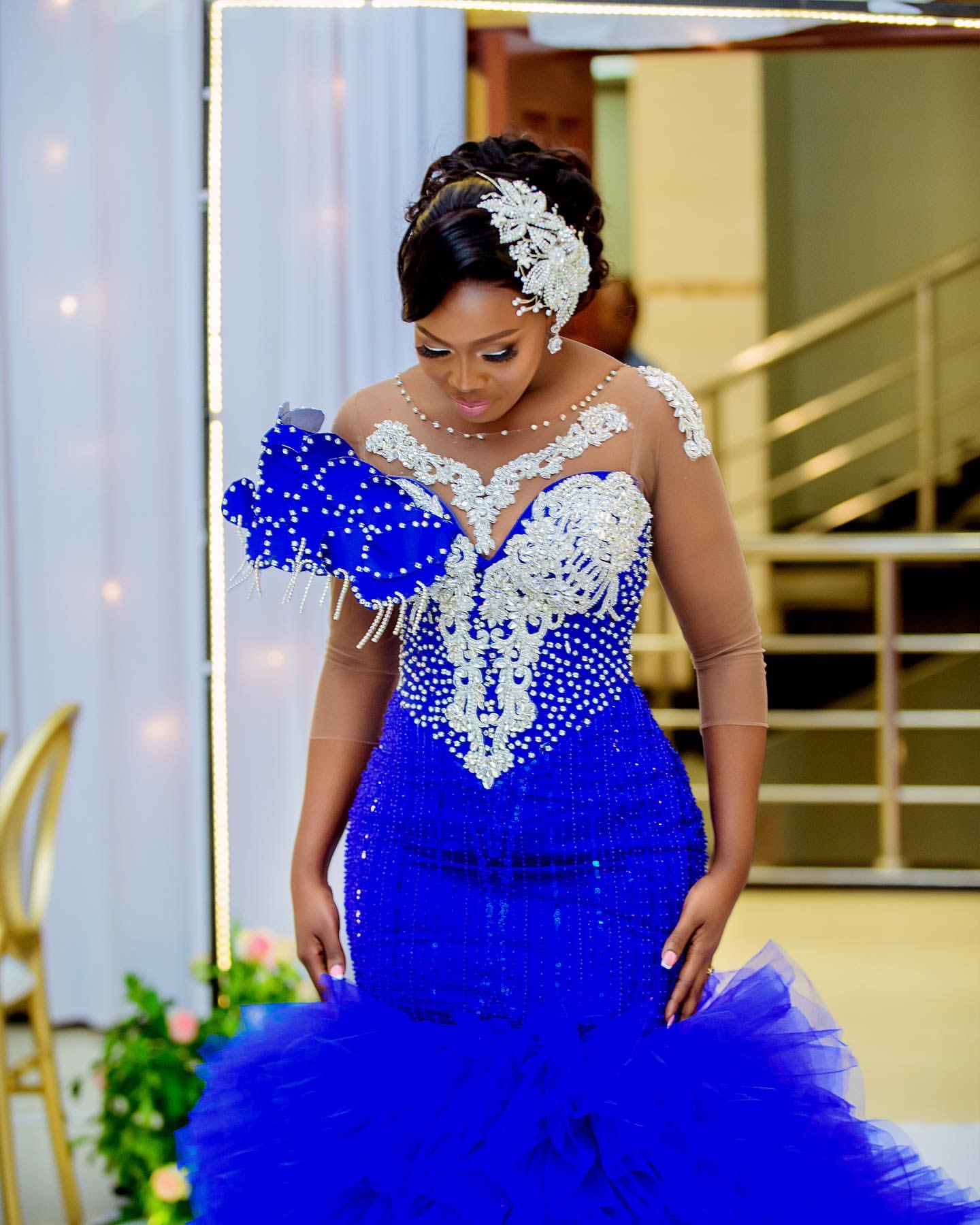 Ebi Royal Blue Aso Mermaid Prom Dress Beaded Crystals Tiers Evening Formal Party Second Reception Birthday Engagement Gowns Dresses Robe De Soiree Zj 