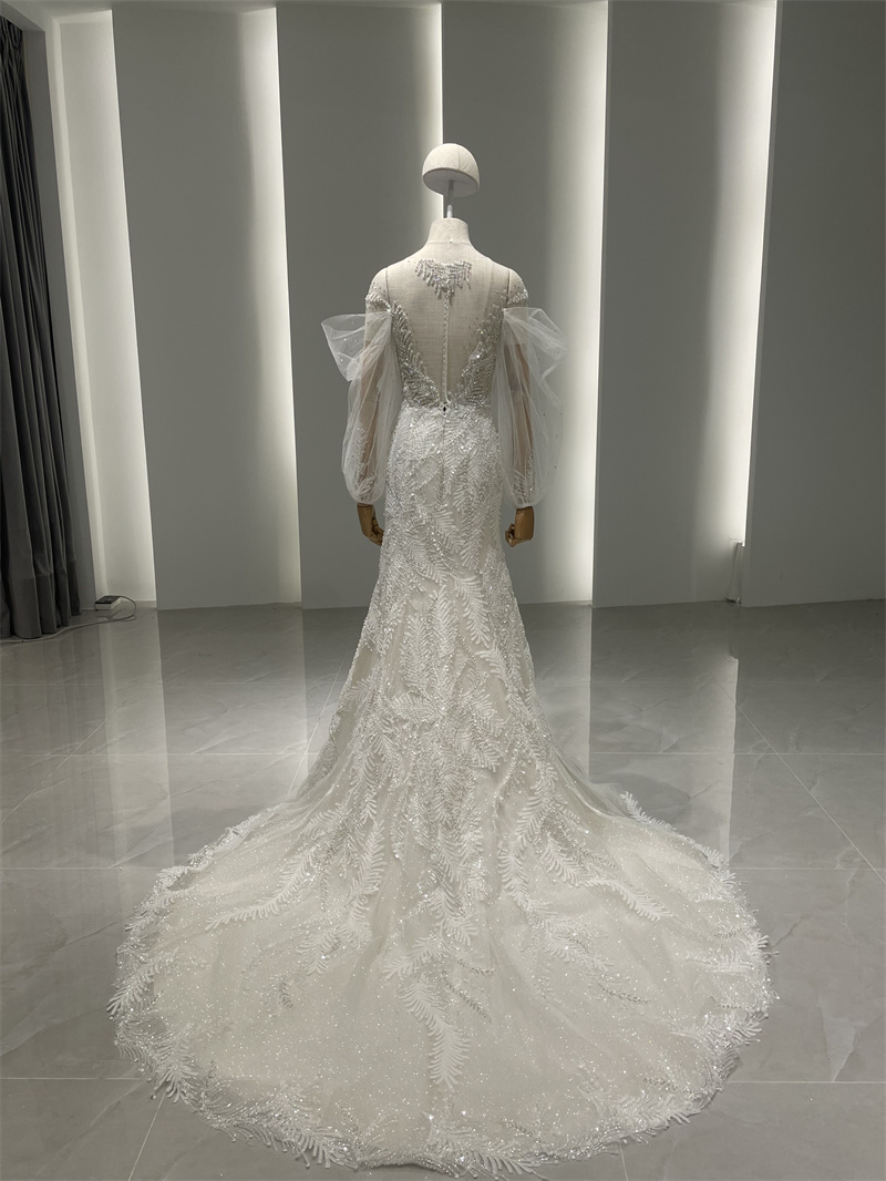 Elegant High Quality Tulle & Beading Mermaid Gown Long Sleeve With Puffy Sleeve Wedding Dress