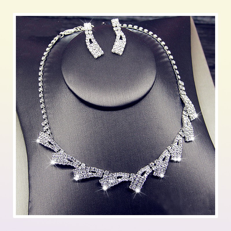 Korean Bridal Wedding Accessories Jewelry Simple Silverplated Rhinestone Necklace Earrings Combination Set Chain 2 Pieces