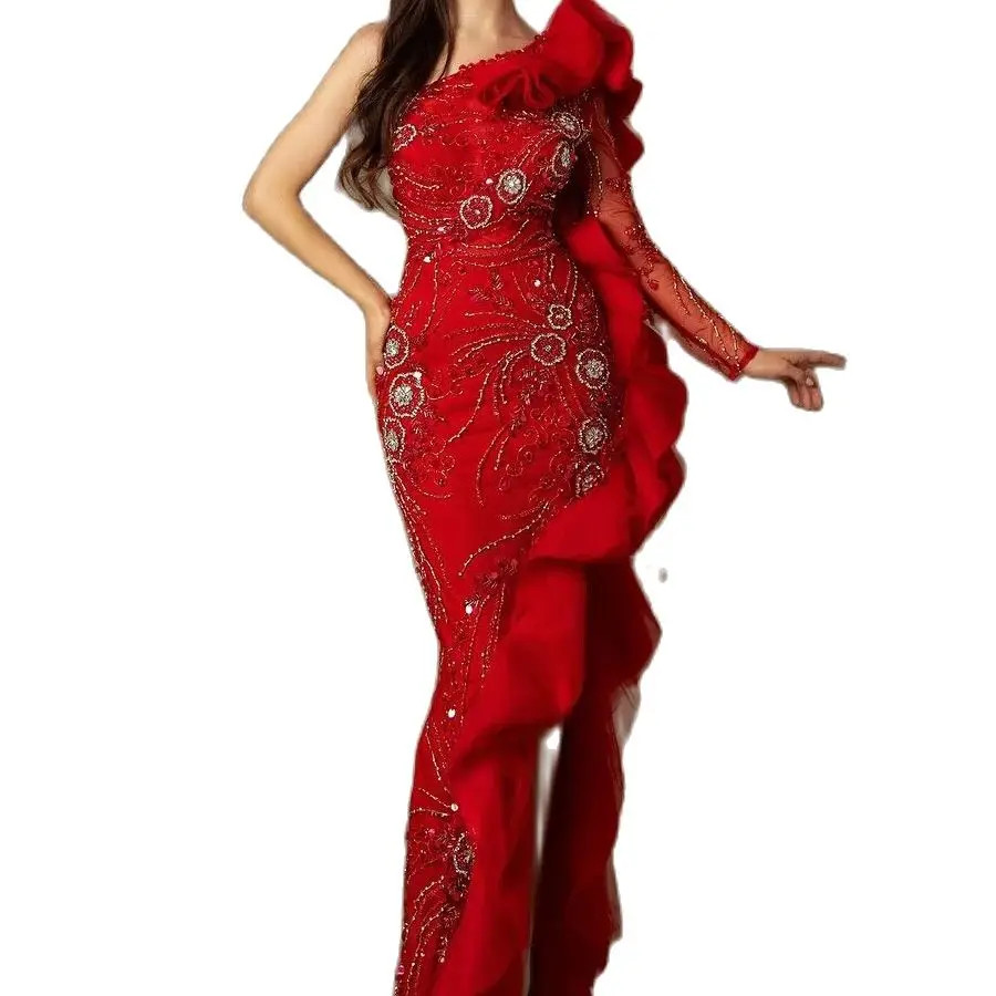 Gorgeous Red Mermaid Prom Dress One Shoulder Lace Side Split Tiered Ruched Formal Evening Gowns Robe De Soiree
