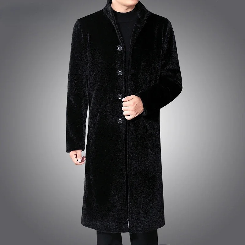 Men's artificial mink long jacket winter warm ultrathin trench single chest business and leisure park 231220