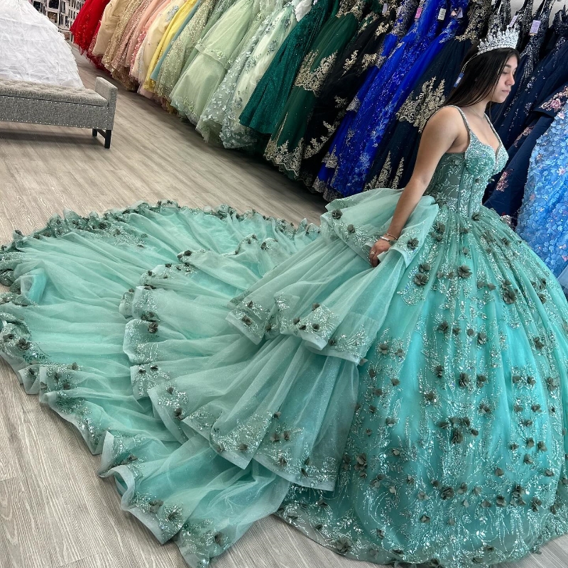 Mint Green Quinceanera Dresses Off The Shoulder Party Sequin Appliques Beads Crystal wer Lace Up Court Train Ball Gown Sweet 16 Dress Vestido De 15 An
