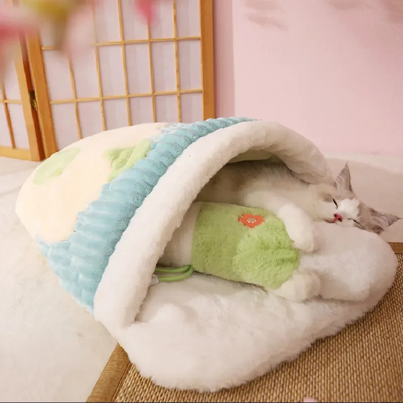 Japanese Sakura Warm Bed Cat Sleeping Bag Deep Sleep Winter Dog House Cats Nest Cushion With Pillow Removable Pet Products 231221
