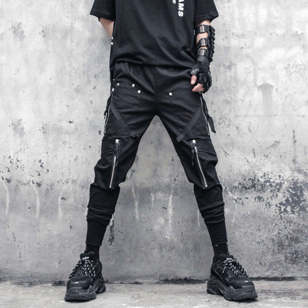 Men Tactical Functional Cargo Pants Joggers Zipper Multi-pocket Trousers 2023 Spring Hip Hop Streetwear Harem Pant Black