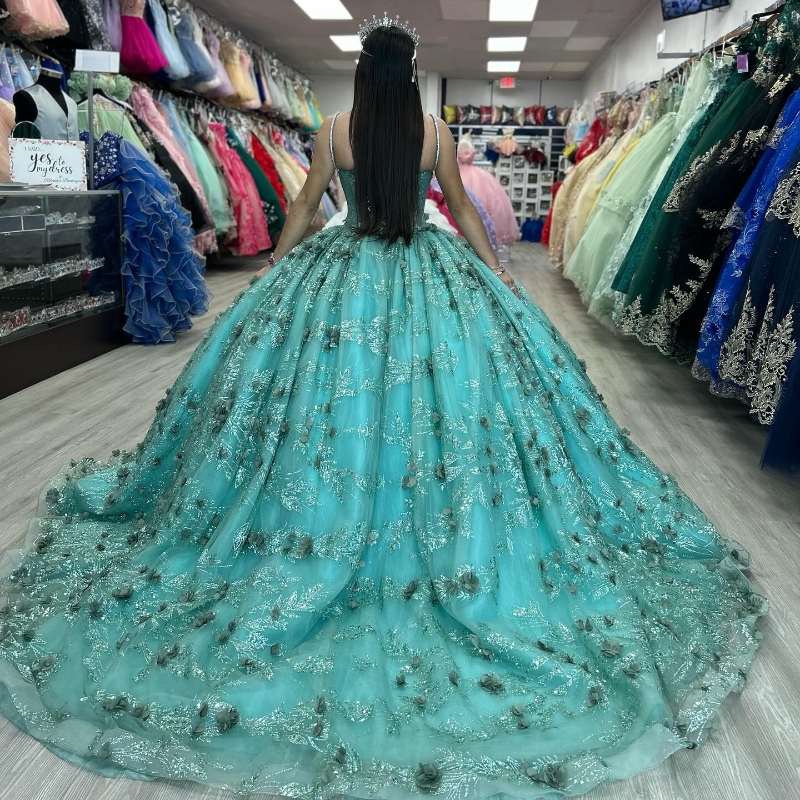 Mint Green Quinceanera Dresses Off The Shoulder Party Sequin Appliques Beads Crystal wer Lace Up Court Train Ball Gown Sweet 16 Dress Vestido De 15 An