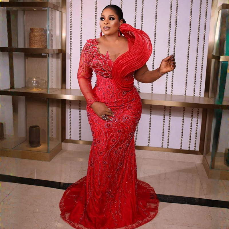 African Arabic Plus Size Aso Ebi Prom Dresses Mermaid Red Evening Formal Dress For Special Ocns Black Women Promdress Lace Beaded Birthday Party Gowns