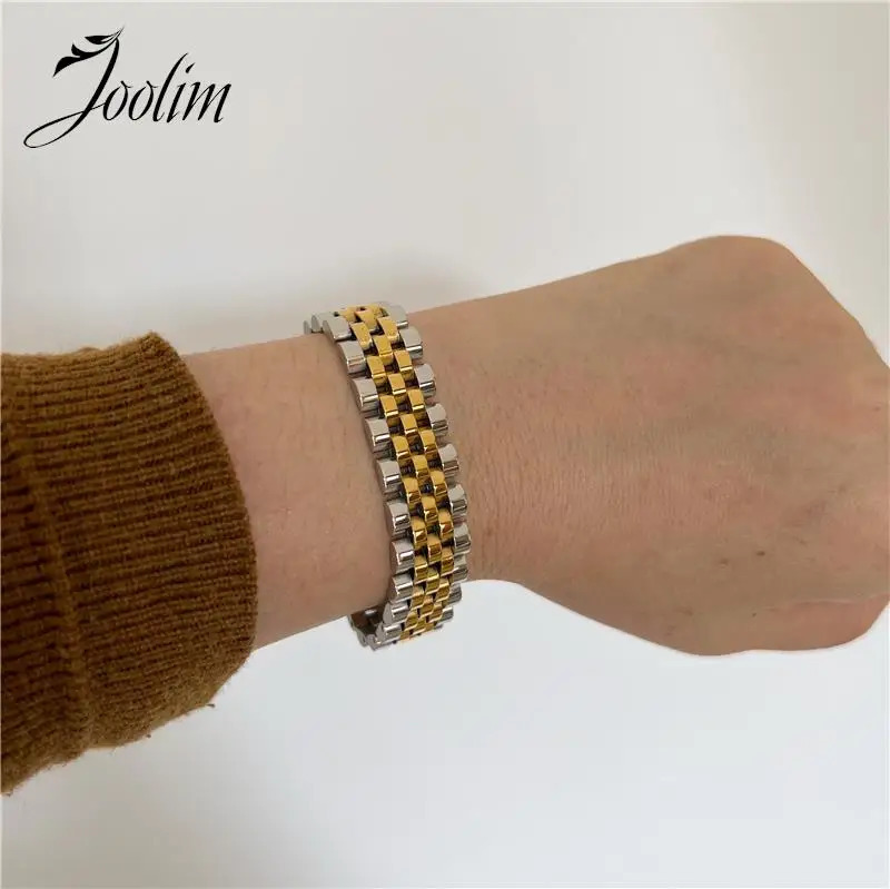 Joolim Jewelry Wholesale Waterproof Width13MM Fashion Permanent Chunky Watchband Mixed Chain Stainless Steel Bracelet For Women 231221