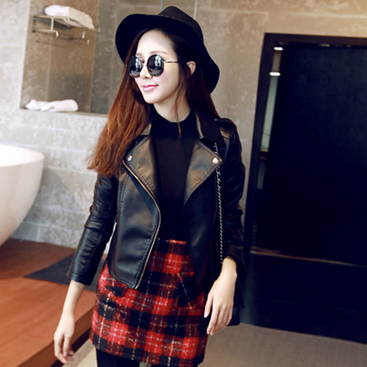 OC NF45E01 Women's Faux Leather Coats Spring and Autumn Short Style Slim Fit Jacket Motorcycle Leather Jacket Large Size