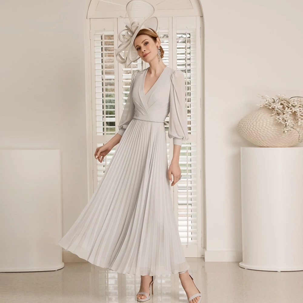 Vintage Sier Mother of the Bride Dress 2024 V Neck Pleat 3/4 Sleeves Chiffon Ankle-Length Wedding Guest Party Gowns Robe De Soiree Plus Size