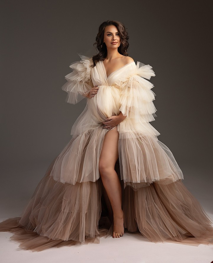 Maternity Tulle Dress Robe Dressing Gown Off Shoulder Puffy Robe Sheer For Baby Shower Photoshoot Photography