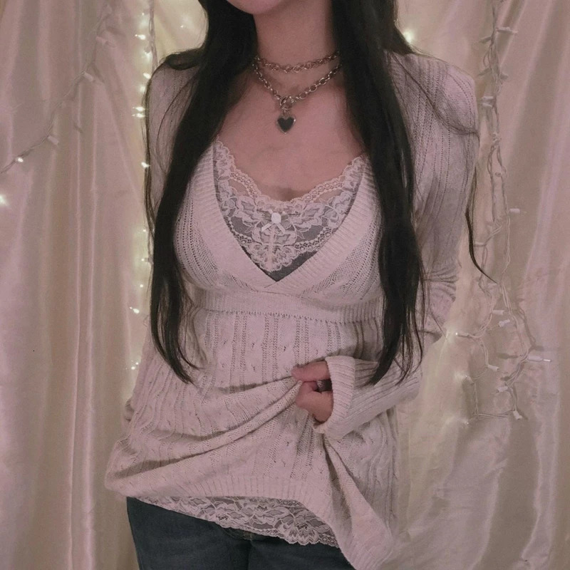 Fairycore Y2K Grunge Vintage Knitted Sweater Chic Women 90s Vintage V Neck Pullovers Aesthetics Retro Cute Jumpers Knitwear 231221