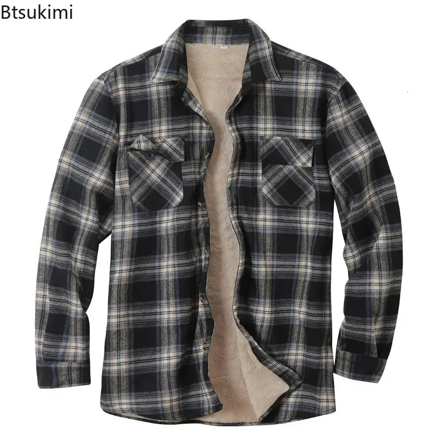 2023 Men's Plaid Plus Fleece Jacket Autumn Winter Turndown Collar Button Thickened Shirt For Men Casual Shirts 231221