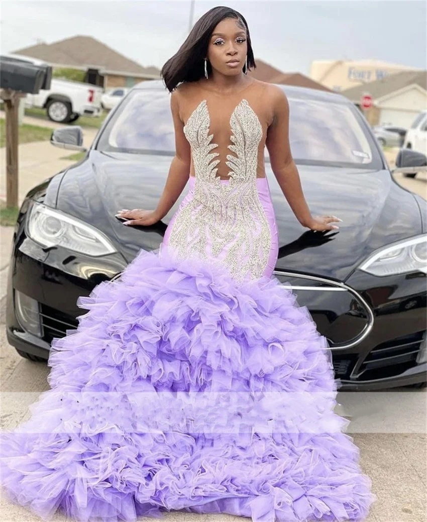 Lavender Purple Sparkly Dias Prom Dresses Tiered Ruffle Glitter Crystals Rhies Black Girls Birthday Party Gown