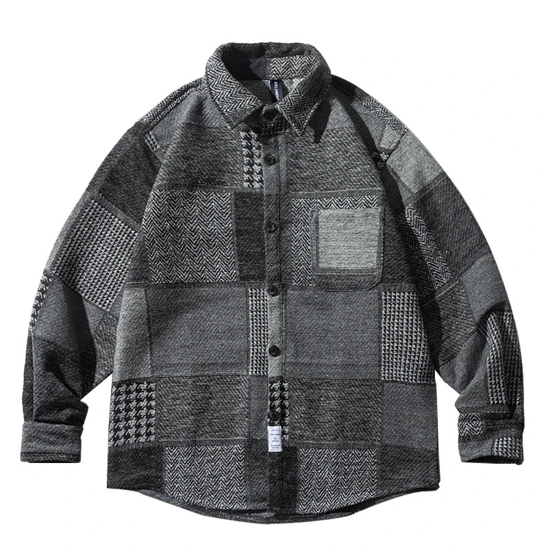 Autumn Winter Japanese Streetwear Retro Stitching Plaid Shirt Fashion Harajuku Thick Casual Woolen Coat Men Kpop Korean Clothes 231221