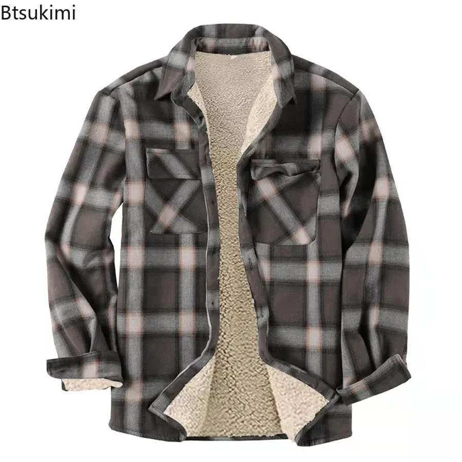 2023 Men's Plaid Plus Fleece Jacket Autumn Winter Turndown Collar Button Thickened Shirt For Men Casual Shirts 231221
