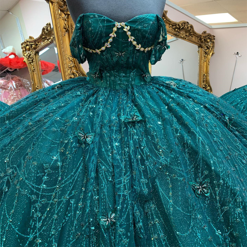 Emerald Green Shiny Quinceanera Ball Gown Off the Shoulder Appliques Bow Beaded Mexican Sweet 16 Dresses 15 Anos