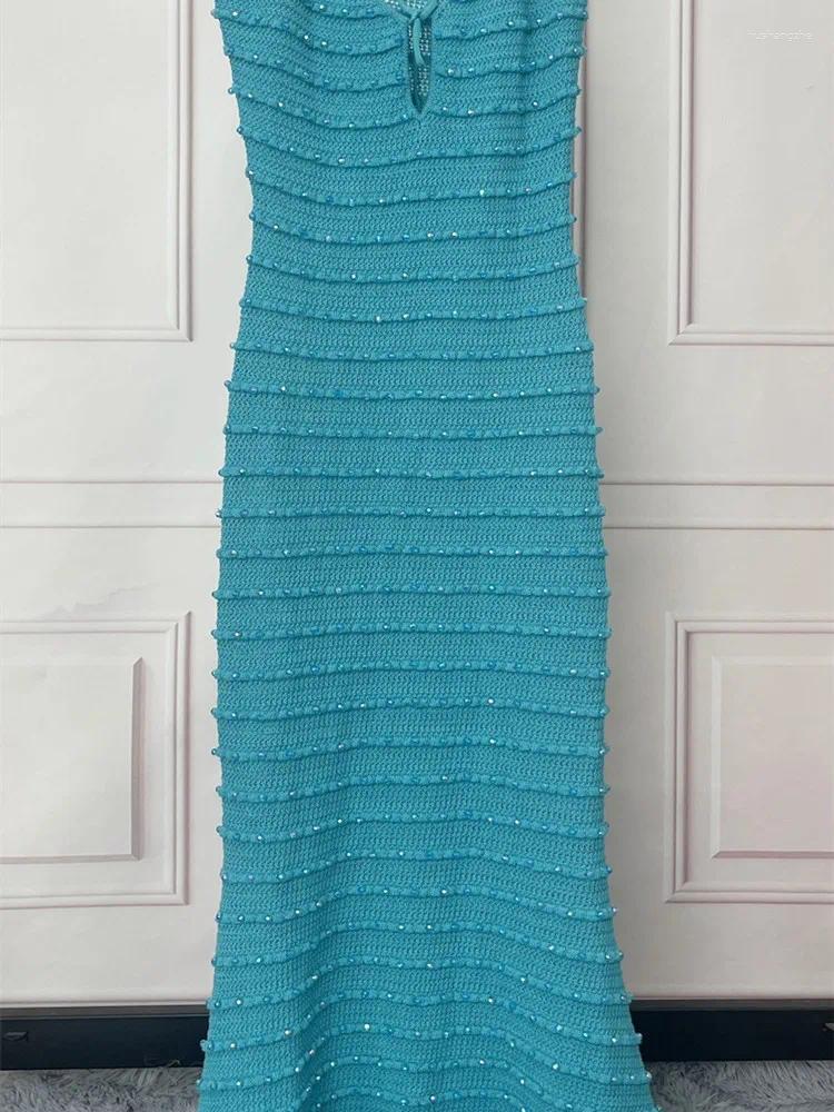 Casual Dresses Solid Color Womens Knit Mermaid Sling Dress Rhinestone Decoration Lace-up Female Sexy Midi Sleeveless Robe Summer 2023