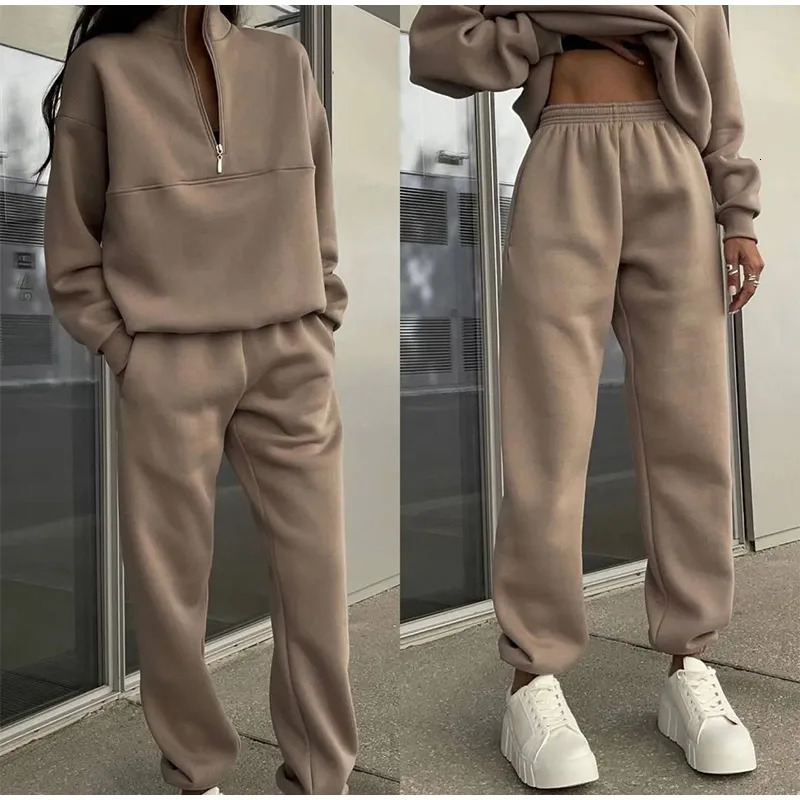 Women Fleece Tracksuit Solid Two Piece Pants Set Casual Long Sleeve Zipper Pullover Outfits Winter Female Warm Sports Suit 231221