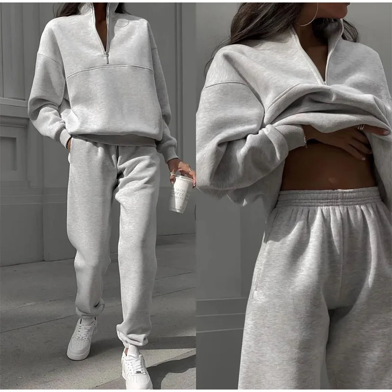 Women Fleece Tracksuit Solid Two Piece Pants Set Casual Long Sleeve Zipper Pullover Outfits Winter Female Warm Sports Suit 231221