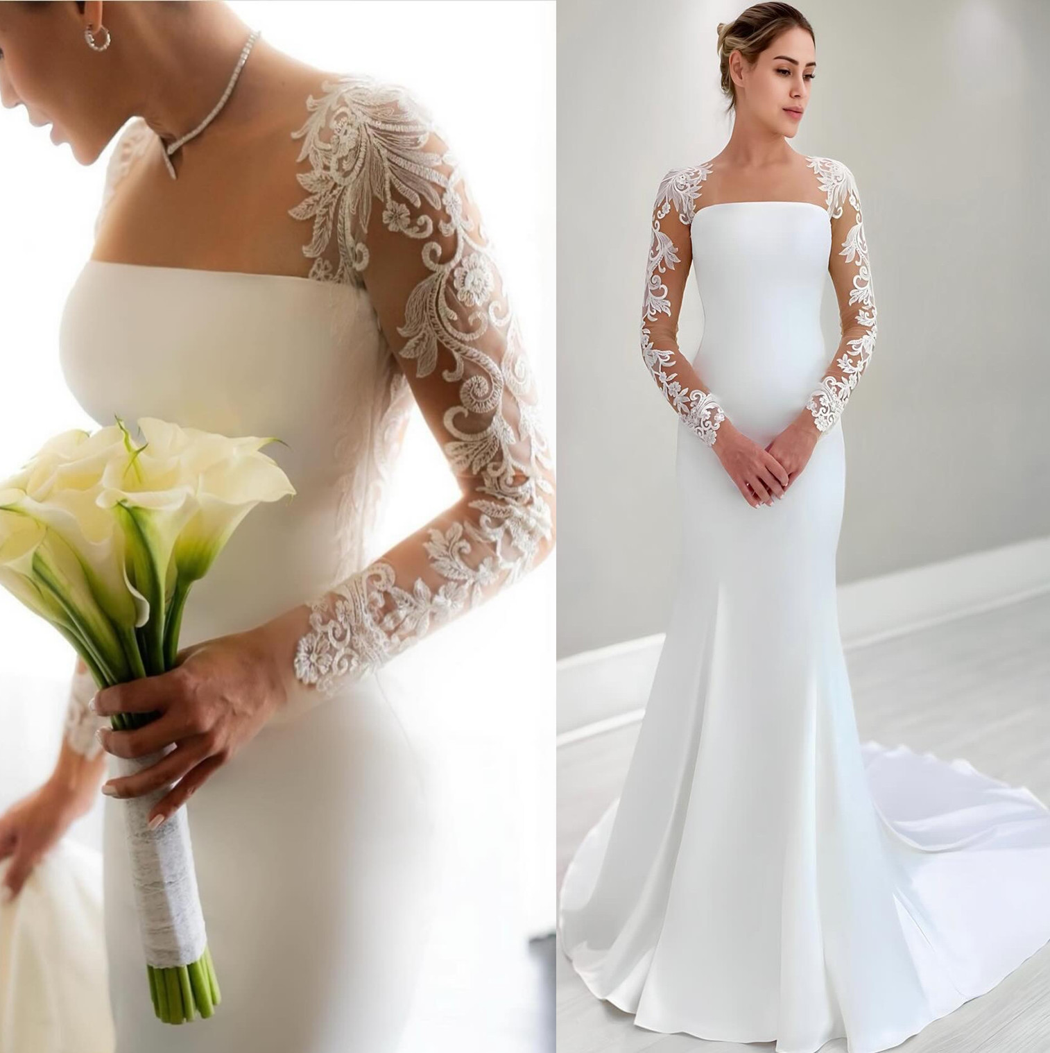 2024 Arabic Aso Ebi Plus Size White Mermaid Lace Wedding Dress Sheer Neck Backless Bridal Dresses Gowns ZJ303