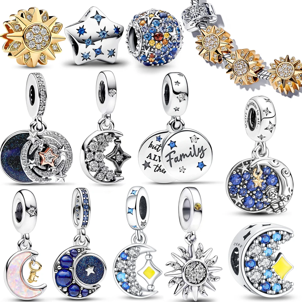 925 Sterling Silver Authentic Charm Sparkling Stars, Moon, and Sun Pendant Suitable for Original Fashion Bracelet DIY Women's Jewelry Gifts Free Shipping