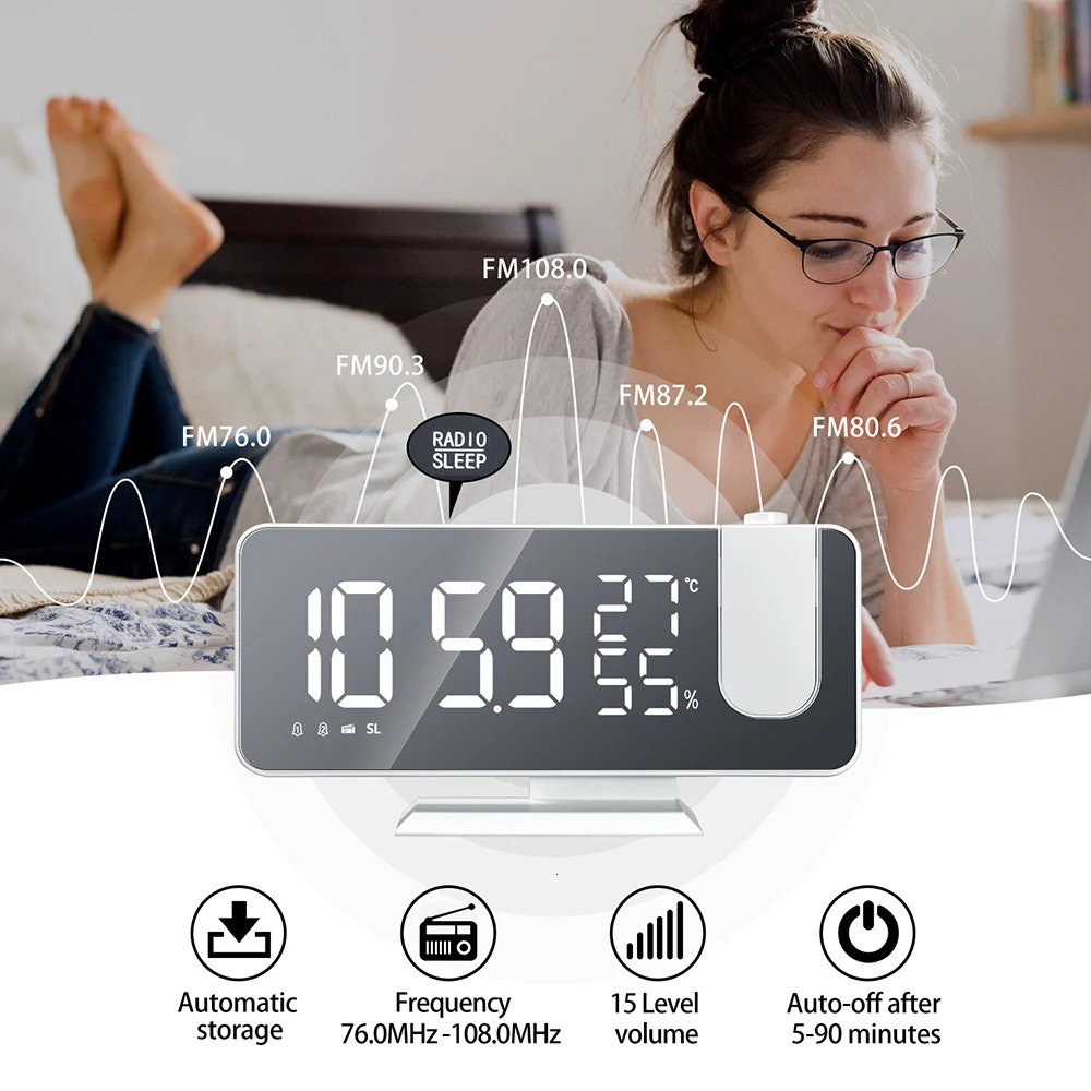 FM Radio LED Digital Smart Alarm Clock Watch Table Electronic Desktop Clocks USB Wake Up with 180° Time Projection Snooze 231221