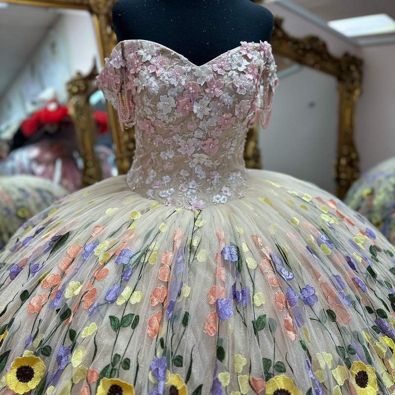 Sexy Sweetheart Beading Tassel Off The Shoulder Quinceanera Dress Ball Gown 3D wers Appliques Lace Corset Vestido De 15 Anos
