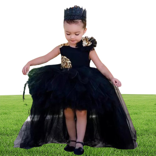Lovely Black High Low Girls Pageant Gowns With Gold Sequins Tulle Ball Gown Flower Girl Dresses For Wedding Baby Birthday Party Dr