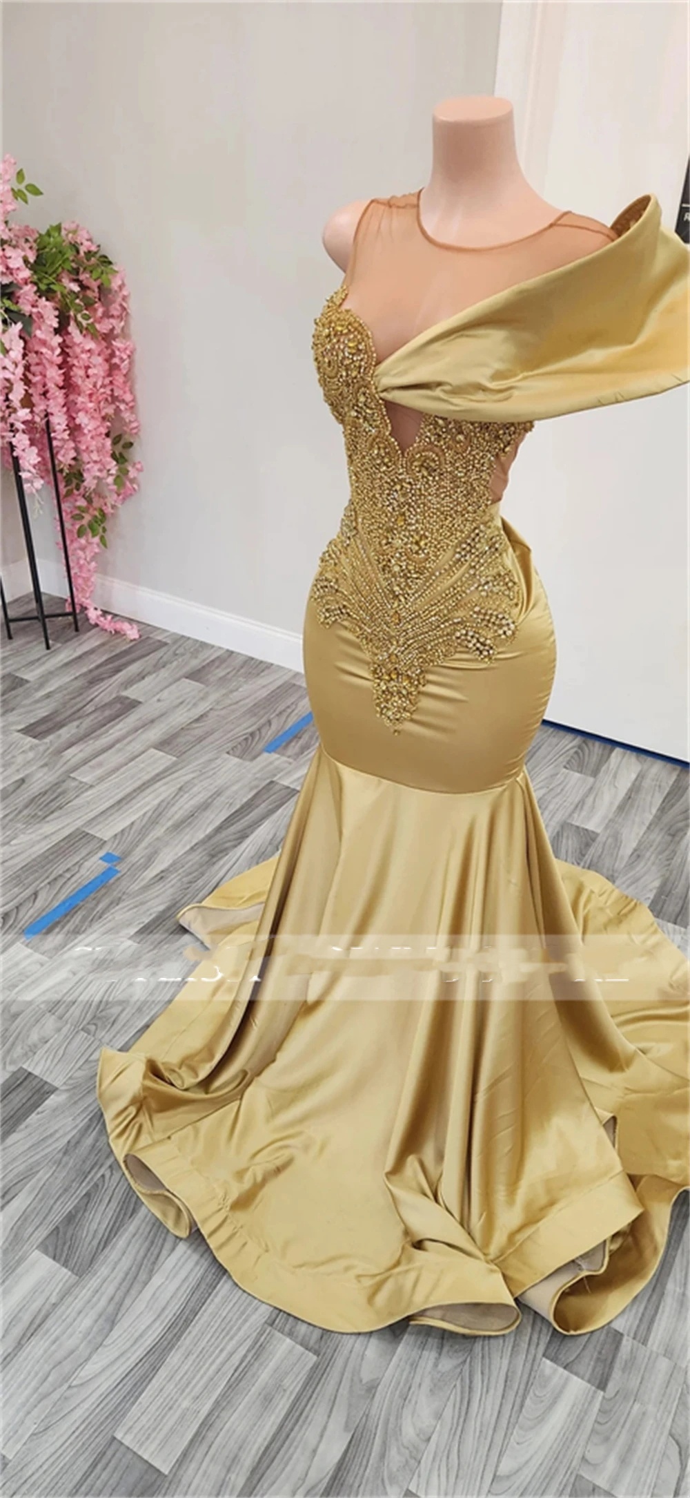 Champagne O Neck Long Prom Dress For Black Girls Beaded Crystal Birthday Party Dresses Evening Gowns Gown Robe De Bal