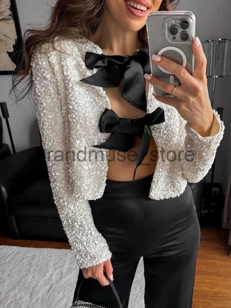 Women's Jackets Christmas Bow Sequins Jacket For Women Fashion Sparkling Coats Female Elegant Long Sleeve Chic Cropped Shiny Evening Partywear J2