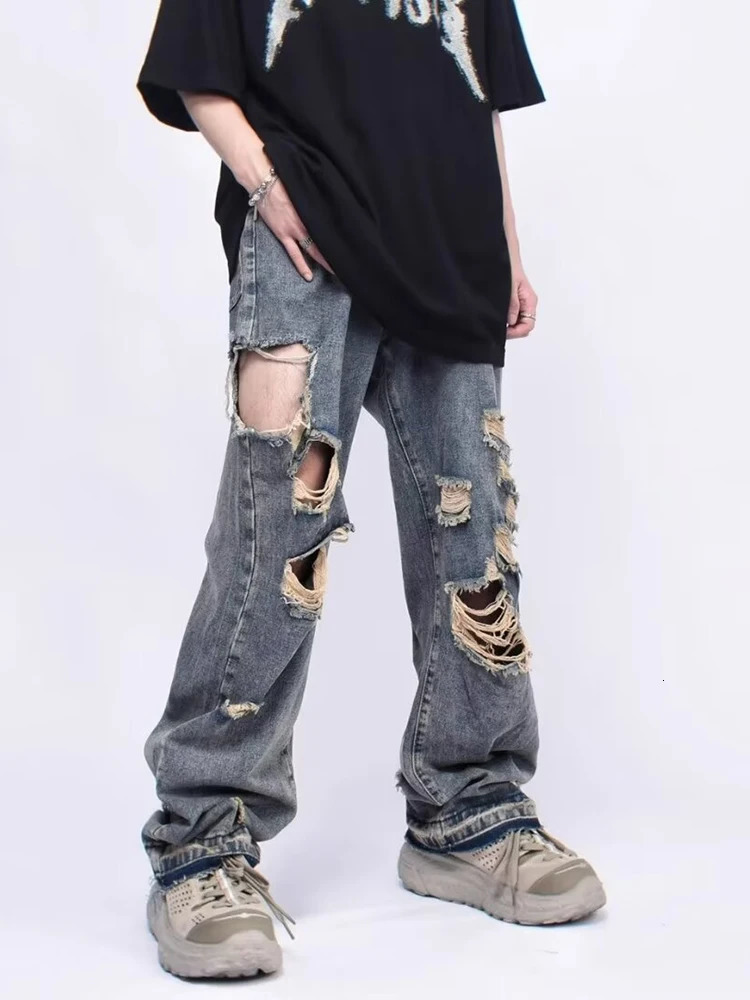 Men's Wear Casual Y2K Jeans Men Korean Fashion Personalized Straight Tube Hole Male Trousers Vintage Wide Leg 231221