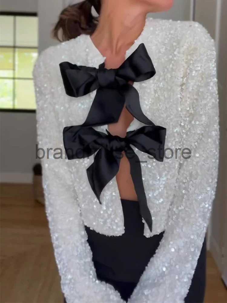 Women's Jackets Christmas Bow Sequins Jacket For Women Fashion Sparkling Coats Female Elegant Long Sleeve Chic Cropped Shiny Evening Partywear J2
