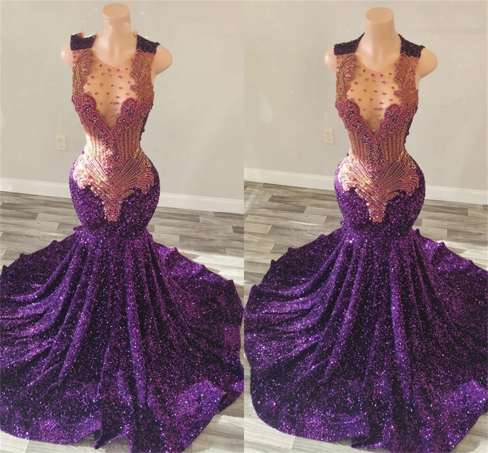Purple O Neck Long Prom Dress For Black Girls 2024 Beaded Crystal Birthday Party Dresses Sequined Evening Gowns Gown Robe De Bal 322 Es Es