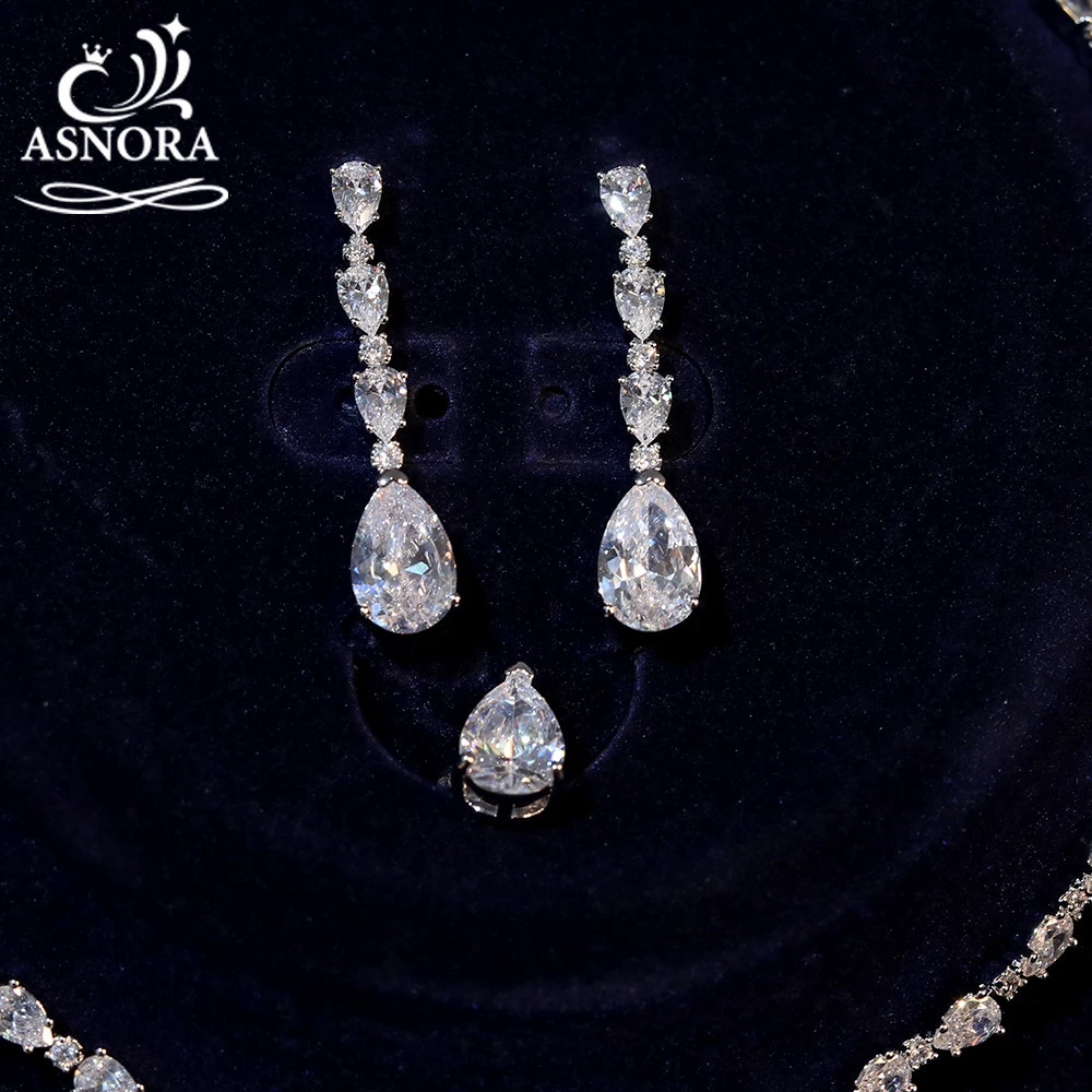 ASNORA High Quality Cubic Zirconia Bridal Wedding Jewelry Water Drop Necklace Lady Pendant Four Piece Set Party Accessories 231221
