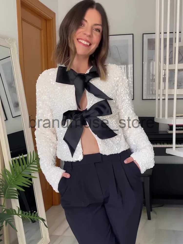Women's Jackets Christmas Bow Sequins Jacket For Women Fashion Sparkling Coats Female Elegant Long Sleeve Chic Cropped Shiny Evening Partywear J2
