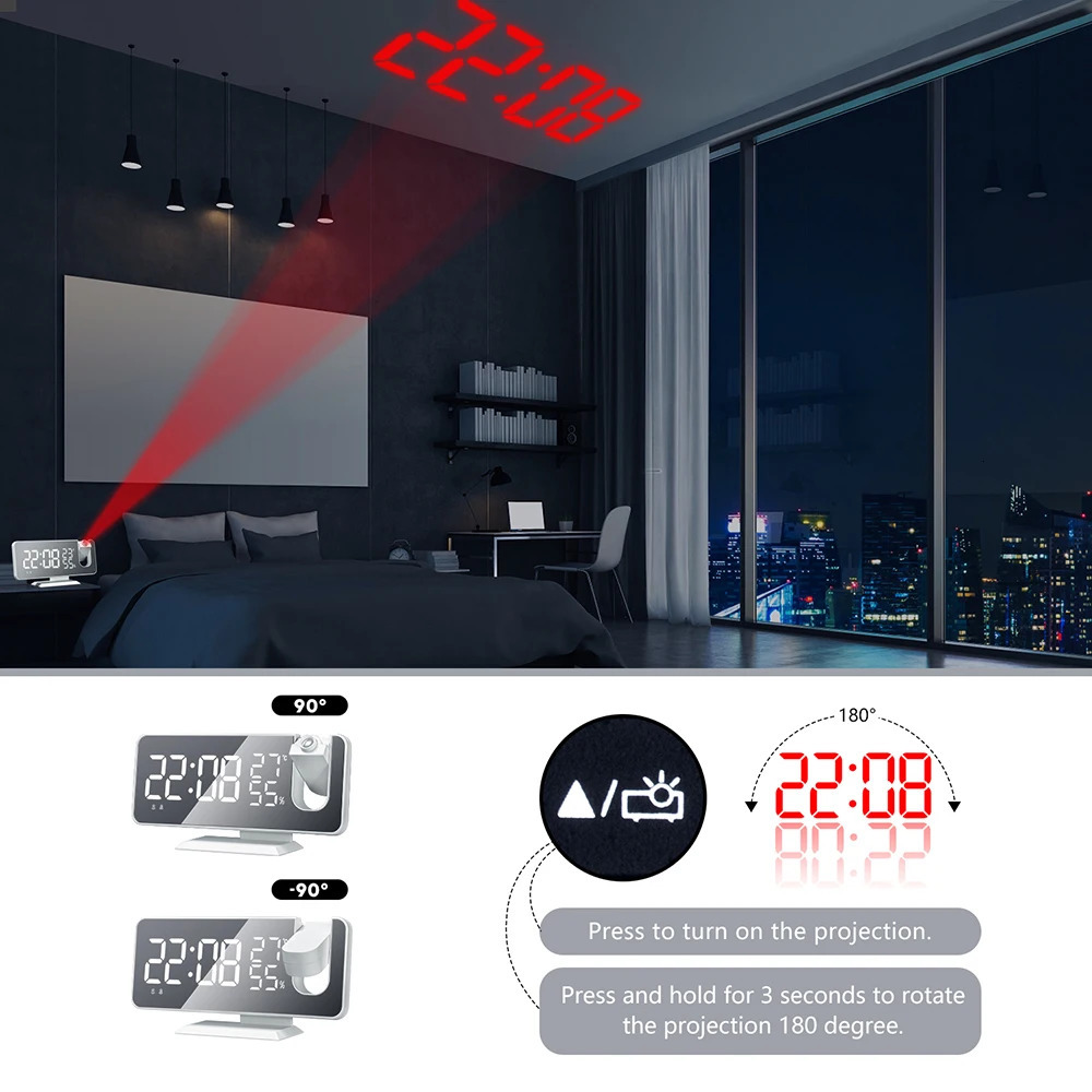 FM Radio LED Digital Smart Alarm Clock Watch Table Electronic Desktop Clocks USB Wake Up with 180° Time Projection Snooze 231221