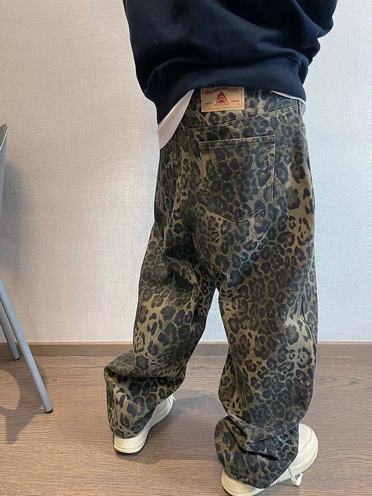 Oversize Wide Leg Leopard Jeans Men Hip Hop Vintage Denim Pants Male Loose Casual Streetwear Clothes Trousers 231221