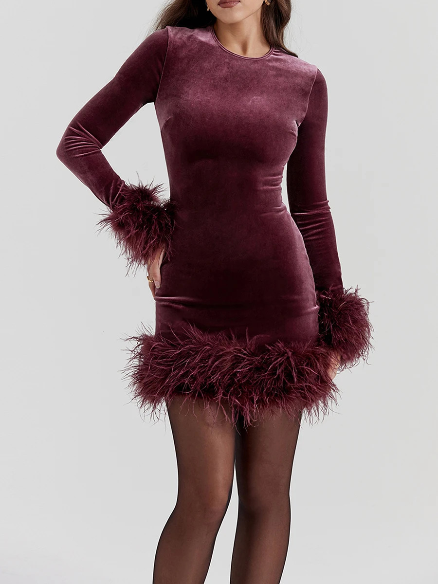 Sexy Women Bodycon Dress Long Sleeve Crew Neck Feather Patchwork Slim Fit Mini Dress for Party vestidos para mujer 231221