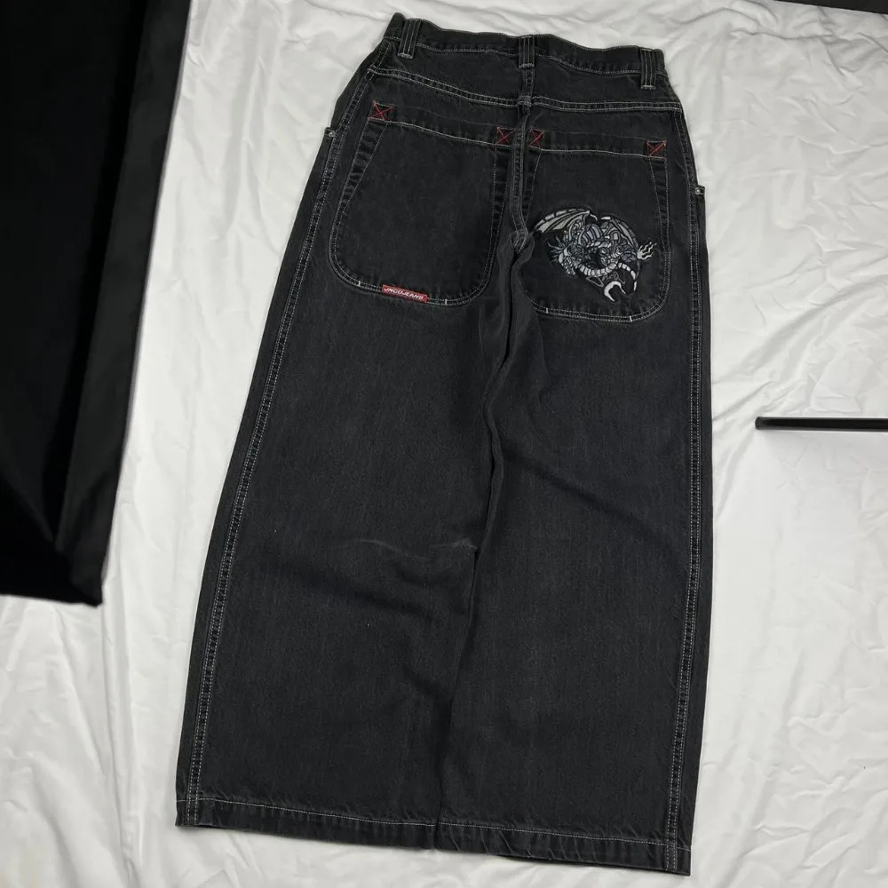 JNCO Jeans Y2K Mens Streetwear Hip Hop Cartoon Graphic Baggy Jeans Black Pants Retro Harajuku Gothic High Waisted Wide Trouser 231221