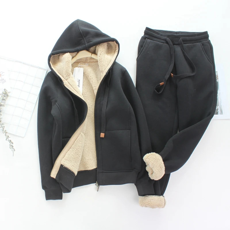 Simple Fashion Sports Casual Suit Women's Autumn Winter Artificial Lamb Wool and Velvet Thickened Hooded Short Coat Sports Pants 231221