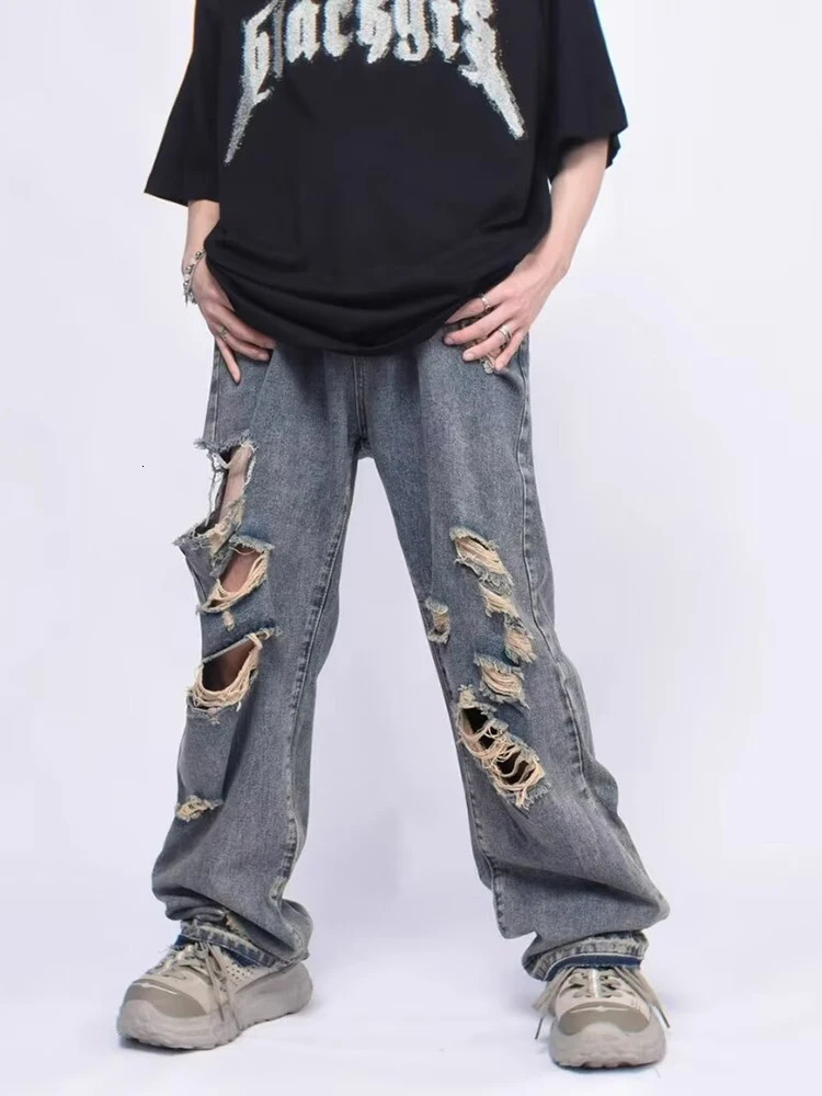 Men's Wear Casual Y2K Jeans Men Korean Fashion Personalized Straight Tube Hole Male Trousers Vintage Wide Leg 231221