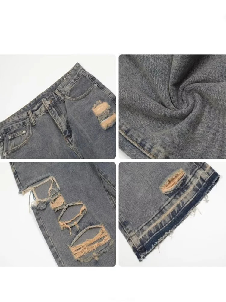 Men's Wear Casual Y2K Jeans Men Korean Fashion Personalized Straight Tube Hole Male Trousers Vintage Wide Leg 231221