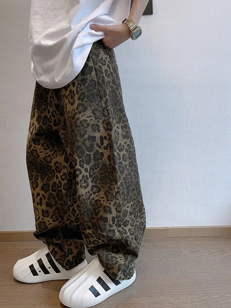 Oversize Wide Leg Leopard Jeans Men Hip Hop Vintage Denim Pants Male Loose Casual Streetwear Clothes Trousers 231221