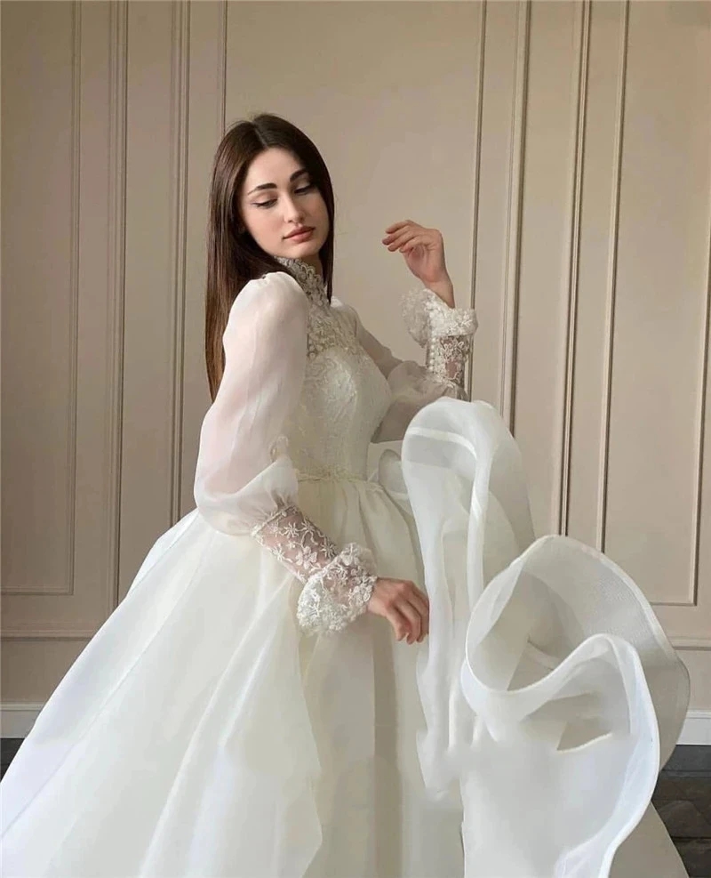 Gorgeous A-Line Wedding Dress Women 2024 High Neck Long Puff Sleeves Lace Organza Bridal Bride Gowns Vestido De Novia Robe De Mariage