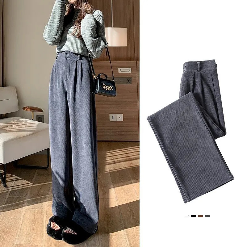 Korean Fashion Women's Pants Winter Plus Velvet Wide Leg Pants Casual Woman Pant High Waist Straight Women Loose Trousers 231221