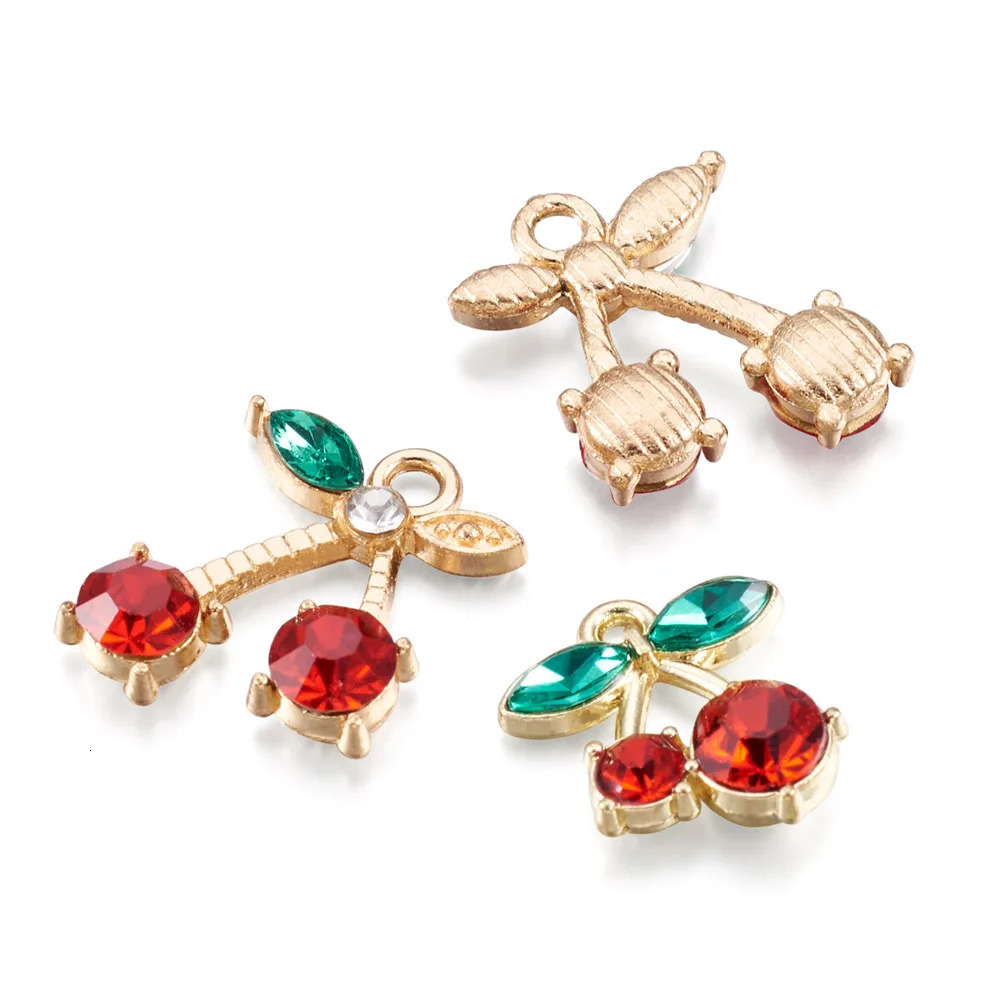 Charms 40Pcs/Box Golden Alloy Pendants Cute Cherry Charms with Glass Rhinestone for DIY Jewelry Making Necklace Earrings Accessories 231222