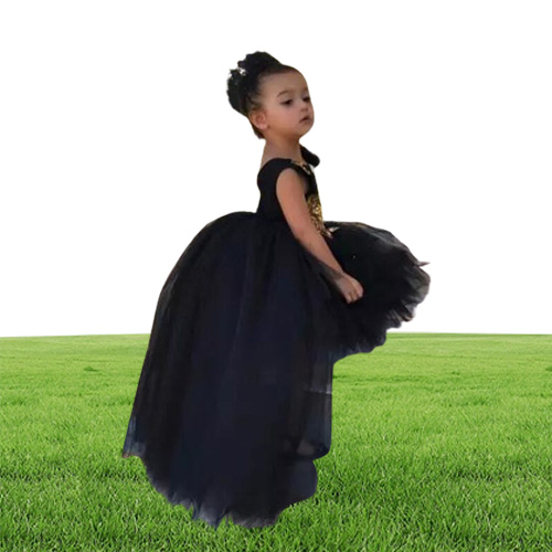 Lovely Black High Low Girls Pageant Gowns With Gold Sequins Tulle Ball Gown Flower Girl Dresses For Wedding Baby Birthday Party Dr