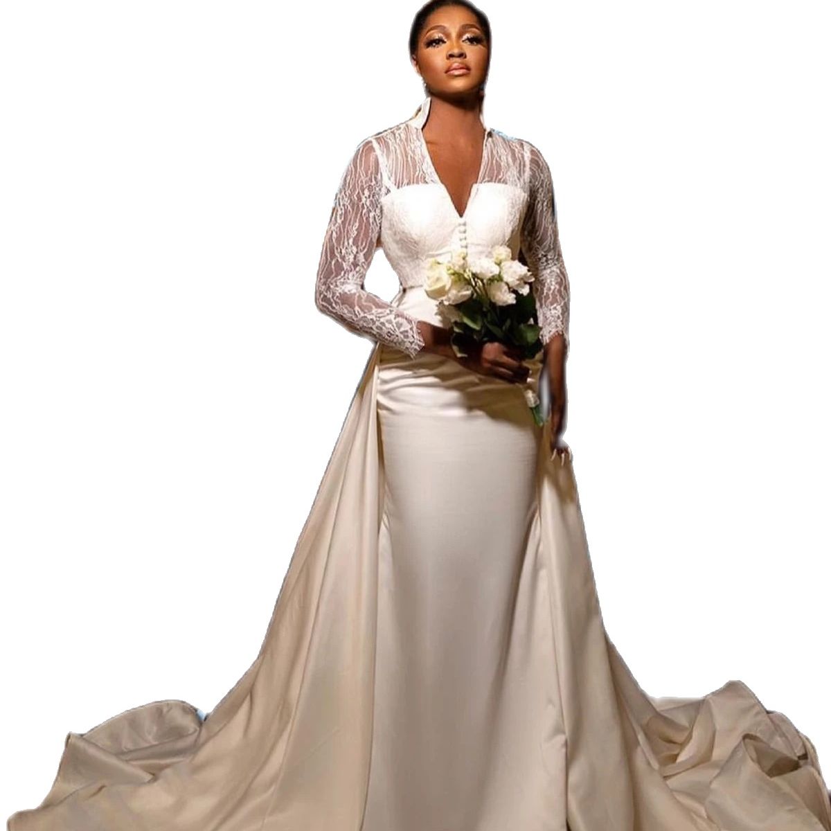 Vintage Mermaid Wedding Dresses With Detachable Train High Neck Pearls Beads Lace Bridal Dresses Sexy Backless Wedding Gowns