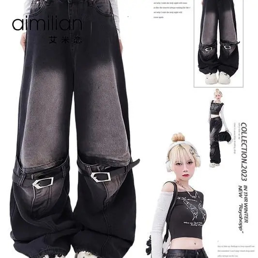 Super retro and fashionable spicy girl Y2K style jeans for men and women with loose and slim waistband straight leg pants jean 231221