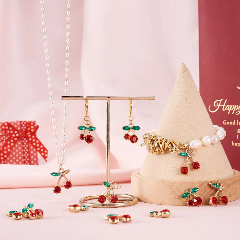 Charms 40Pcs/Box Golden Alloy Pendants Cute Cherry Charms with Glass Rhinestone for DIY Jewelry Making Necklace Earrings Accessories 231222